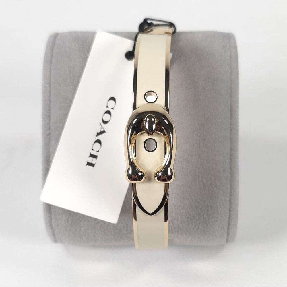 NWT COACH Buckle Bangle Bracelet SIGNATURE C Gold Plated & Chalk Enamel Hinged - Picture 2 of 13